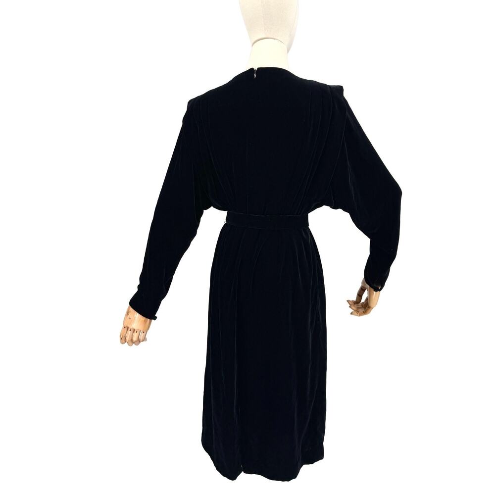 Vintage 80s Liz Claiborne Black Velvet Power Shoulder Glam Midi Dress - Picture 5 of 9